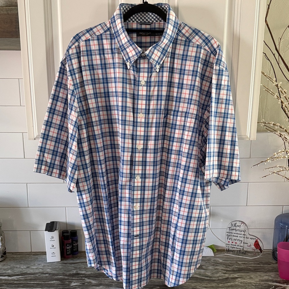 Nautica Men's Blue and Pink Plaid Shirt